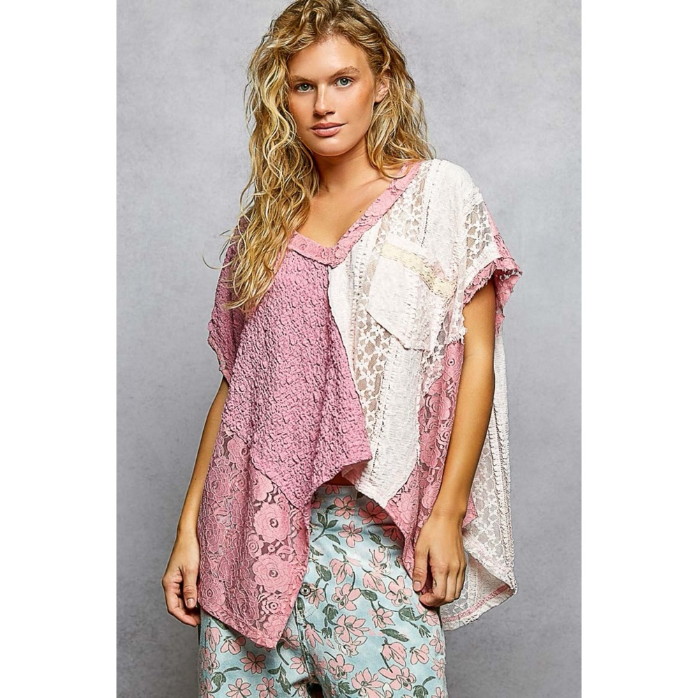 POL Pink Lace Patchwork Boho Top | V Neck Oversized Short Sleeve